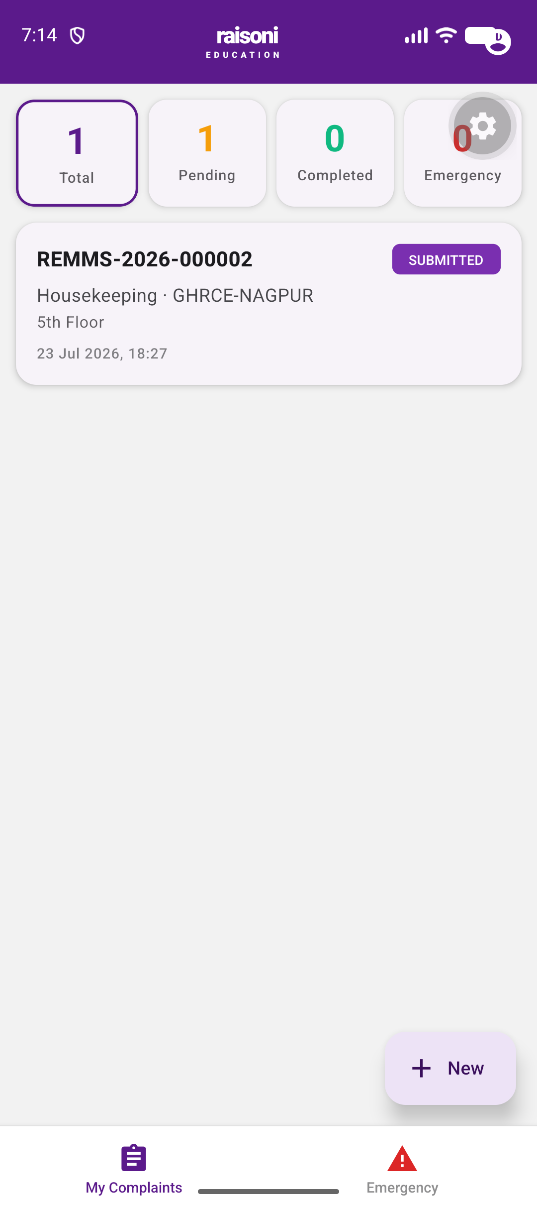 The My Complaints list with the New Complaint button