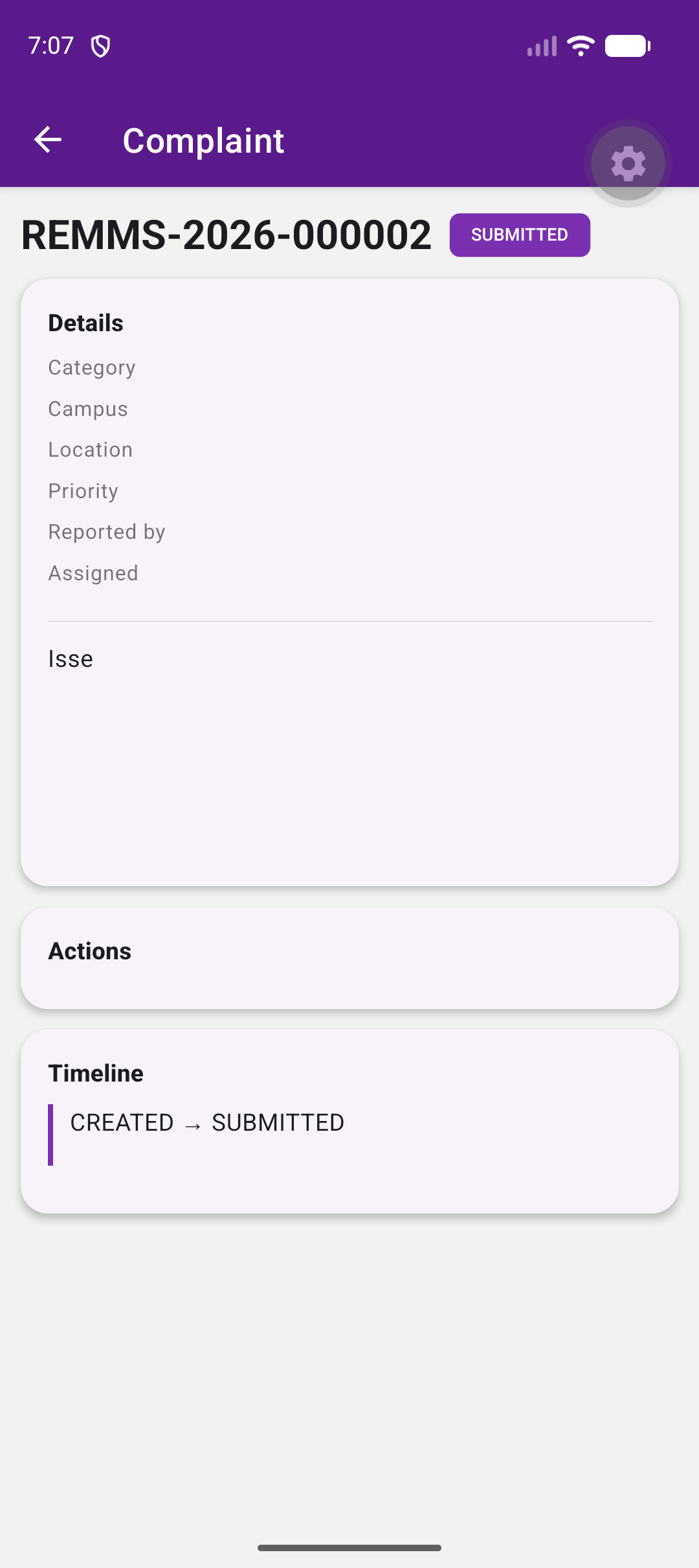 Complaint detail with status and timeline